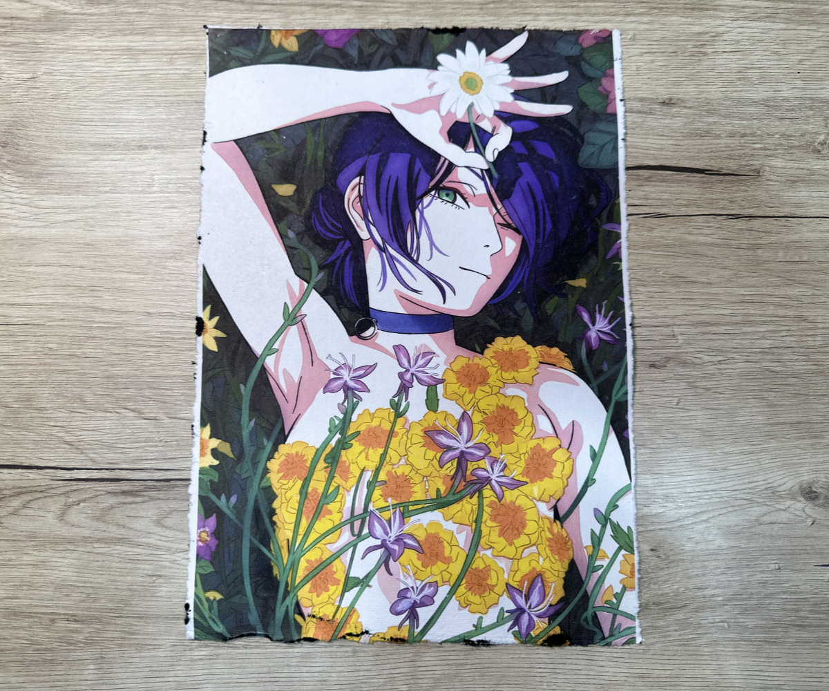 Lámina Artística: Belleza Efímera en el Campo de Flores - Ilustración Fanart en Papel Artesanal: imagen 1